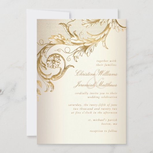  gouden bloemen Damask Elegant Script Wedding Kaart (Voorkant)