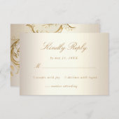gouden bloemen Damask Elegant Script Wedding RSVP Kaartje (Voorkant / Achterkant)