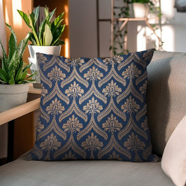 Gouden Bloemen Damast op Donkerblauw Kussen