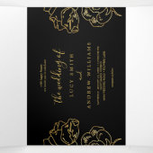 Gouden bloemen decoratie, zwarte bruiloft drieluik uitnodiging (Binnenkant midden)