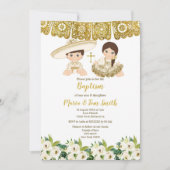 Gouden Bloemen Doop Fiesta Tweeling Uitnodiging (Voorkant)