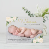 Gouden Bloemen Elegante Foto Geboorteaankondiging Aankondiging (Staand voorkant)