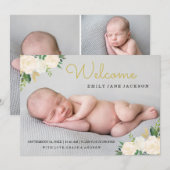 Gouden Bloemen Elegante Foto Geboorteaankondiging Aankondiging (Voorkant / Achterkant)