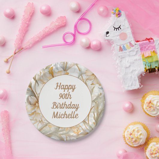Gouden Bloemen Gelukkige 90ste Verjaardag Papieren Bordje (Feest)