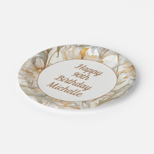 Gouden Bloemen Gelukkige 90ste Verjaardag Papieren Bordje (Gekanteld)