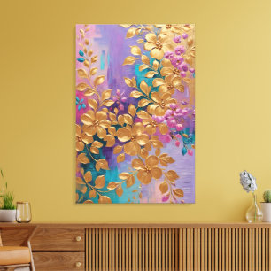 Gouden Bloemen Geschilderd Op Roze Lila Turquoise Canvas Afdruk