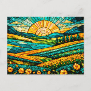 Gouden Bloemen Groen Platteland Nep Glas-in-Lood Briefkaart