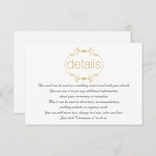 Gouden bloemen lijst bruiloft details insert kaart (Voorkant / Achterkant)