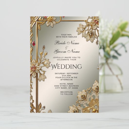 Gouden Bloemen Lijst Huwelijksuitnodiging Kaart (Staand voorkant)