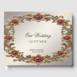 Gouden Bloemen Lijst met Rode Stenen Gastboek Gastenboek