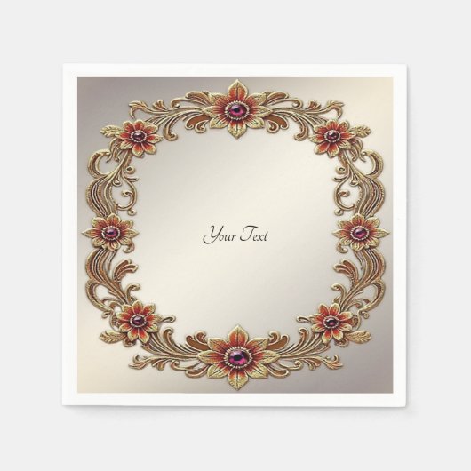 Gouden Bloemen Lijst met Rode Stenen Servet (Voorkant)