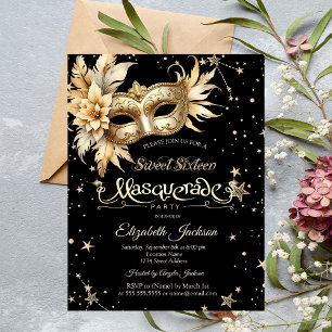 Gouden Bloemen Masque Sterren Sweet 16 Kaart