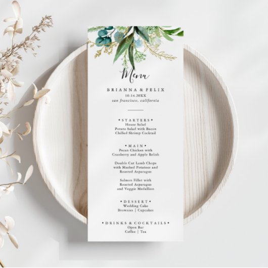 Gouden bloemen met tropisch groen diner menu
