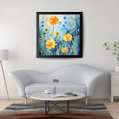 Gouden bloemen op een helderblauwe achtergrond foto afdruk