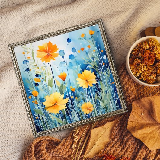 Gouden bloemen op een helderblauwe achtergrond foto afdruk