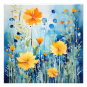 Gouden bloemen op een helderblauwe achtergrond foto afdruk (Voorkant)