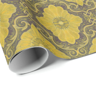 "gouden bloemen", patroon, geel en bruin cadeaupapier