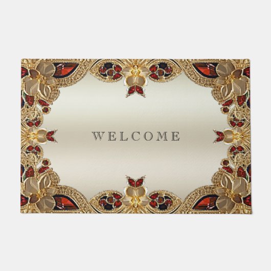 Gouden Bloemen Rode Edelsteen Deurmat (Voorkant)