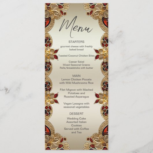 Gouden Bloemen Rode Edelsteen Splendor Wedding Men Menu (Voorkant)
