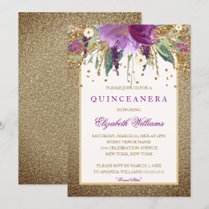 Gouden Bloemen Sparkling Amethyst Quinceanera Invi Kaart