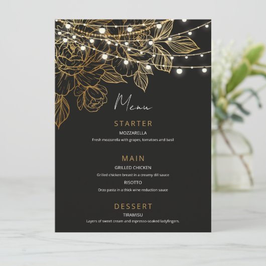 Gouden Bloemen String Lights Bruiloft Menu (Staand voorkant)