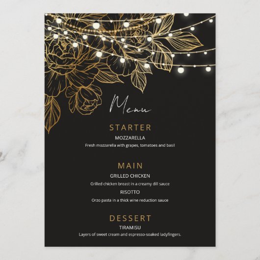 Gouden Bloemen String Lights Bruiloft Menu (Voorkant)