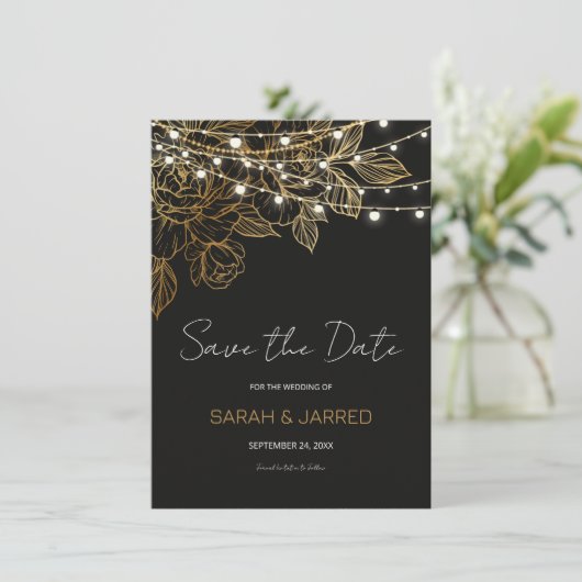 Gouden Bloemen String Lights Bruiloft Save The Date (Staand voorkant)