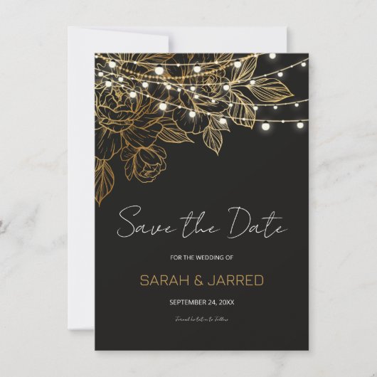 Gouden Bloemen String Lights Bruiloft Save The Date (Voorkant)