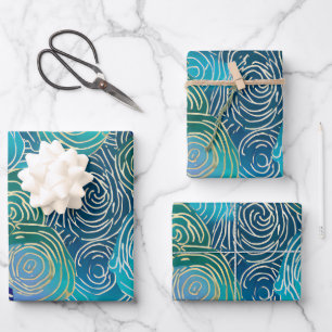 Gouden Bloemen Swirls op Blauw Groen en Blauwgroen Inpakpapier Vel
