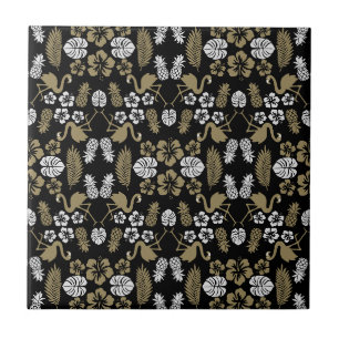 Gouden Bloemen Tropisch Patroon Tegeltje