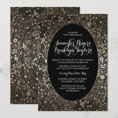 Gouden Bloemen Zwarte Huwelijksuitnodigingen Kaart (Voorkant / Achterkant)