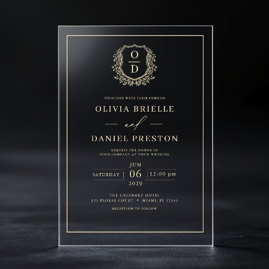 Gouden Bloemenkam Monogram Huwelijk Elegant Acryl Uitnodigingen