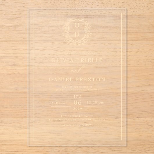 Gouden Bloemenkam Monogram Huwelijk Elegant Acryl Uitnodigingen (Voorkant)