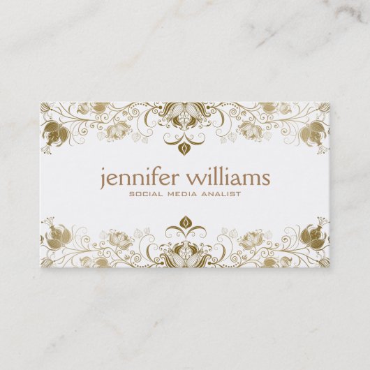 Gouden bloemenkant op wit visitekaartje (Voorkant)