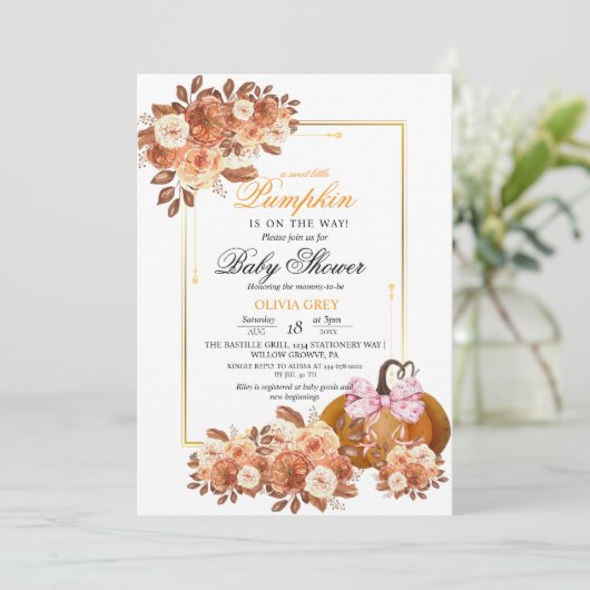 Gouden bloemenkleuren pompoen baby shower uitnodig kaart (Staand voorkant)