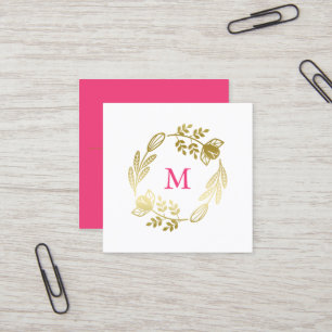 Gouden Bloemenkrans & Roze Monogram Vierkante Visitekaartje