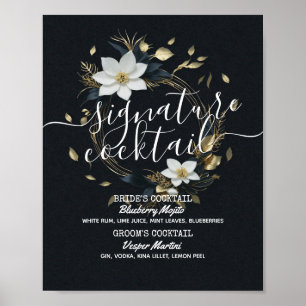 Gouden Bloemenkrans Trouwhandtekening Drink Menu Poster