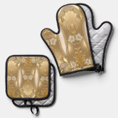 Gouden Bloemenoven Mitt & Pot Holder Set (Voorkant / Achterkant)