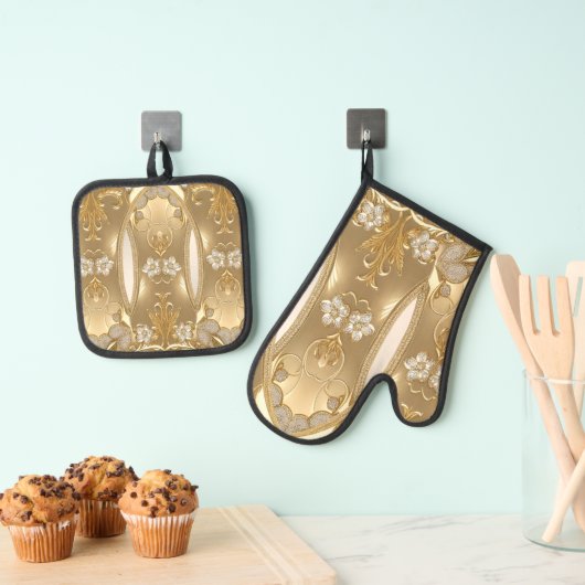 Gouden Bloemenoven Mitt & Pot Holder Set (Insitu(Ophanging))