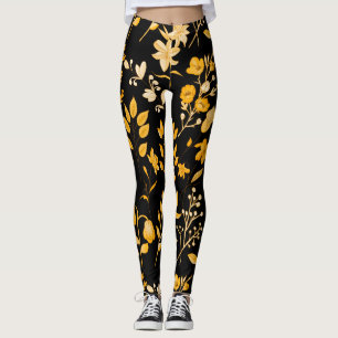 Gouden bloemenpatroon voor de herfst. Zwart BG Leggings