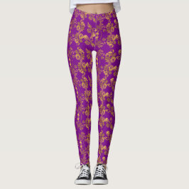  Gouden bloemenprint op paarse Leggings