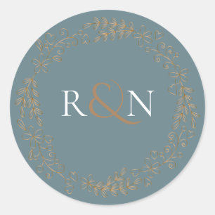 Gouden bloemensieraad met lauwerkrans Monogram Ronde Sticker
