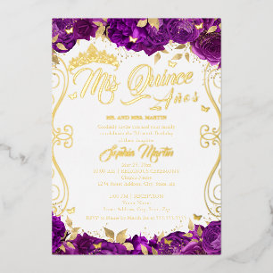 Gouden Bloementuin Paarse Mis Quince Quinceanera  Folie Uitnodiging