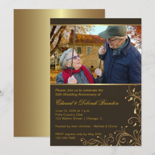 Gouden bloemige 50ste huwelijksjubileum uitnodigin kaart (Voorkant / Achterkant)