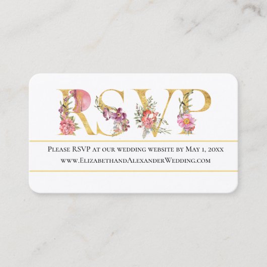 Gouden Bloemige RSVP Trouwwebsite Visitekaartje (Voorkant)