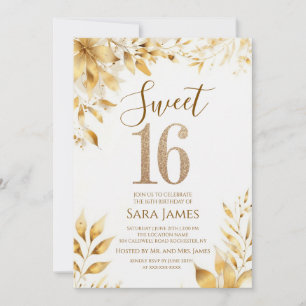 Gouden bloemige Sweet 16 verjaardagsuitnodiging Kaart