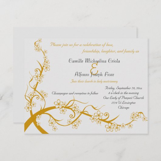 Gouden bloemige trouwuitnodiging kaart (Voorkant / Achterkant)
