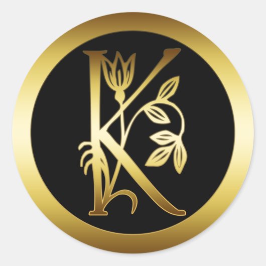 GOUDEN BLOEMMONOGRAM LETTER K RONDE STICKER (Voorkant)