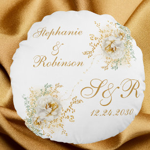 Gouden bloemmotief Monogram Logo Trouwcadeau Rond Kussen