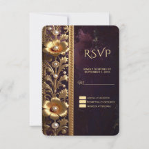 Gouden bloemornament met parels RSVP-kaart